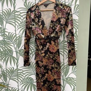 Topshop Orange Plunge Neck Long Sleeve Dress